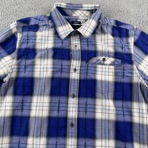Prana Shirt Mens Medium Blue Plaid Slim Fit Cotton Hiking Outdoors Casual